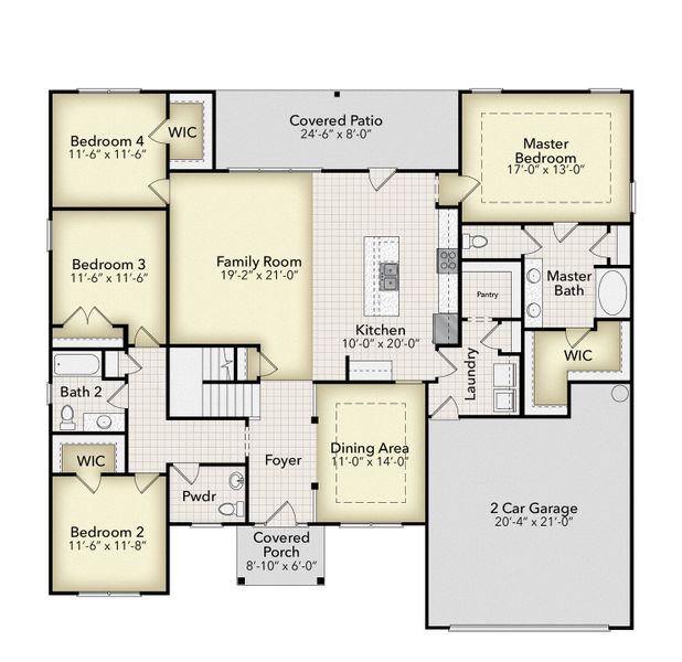 2D floor plan layout for the 3040 by Adams Homes in McNeely Farms, Mount Ulla, NC (Image 3).