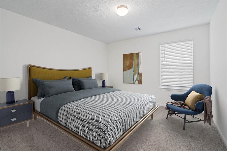 Secondary bedroom features plush carpet, neutral paint, lighting, a large window with privacy blinds and ample sized closet space.