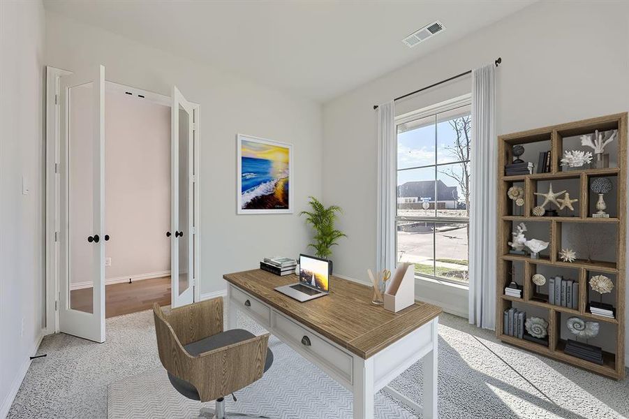 VIRTUALLY STAGED PHOTO - Carpeted office with french doors