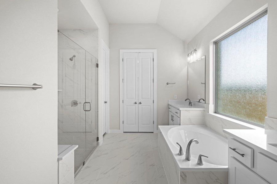 Primary Bath retreat with dual vanities, garden tub & walk-in shower