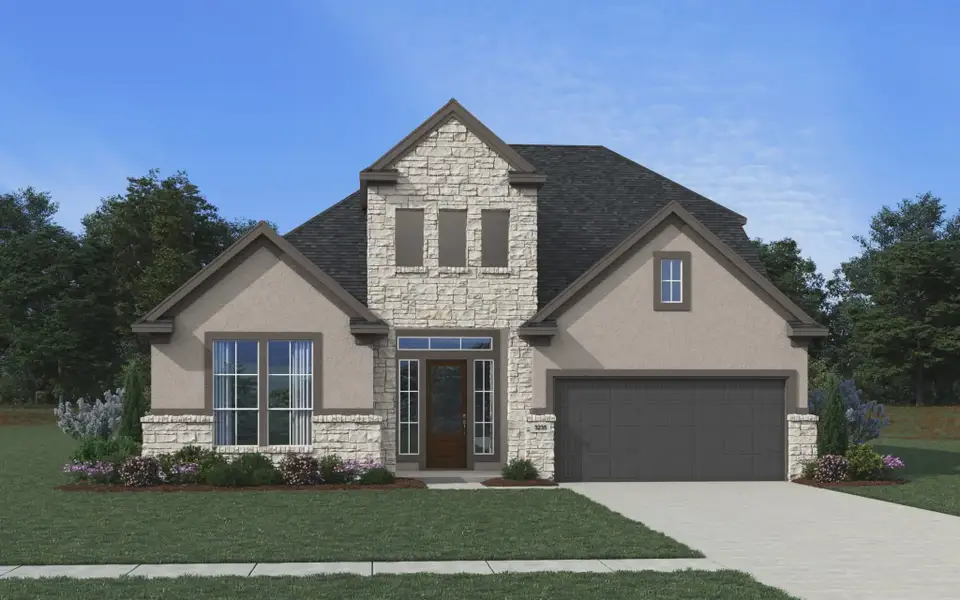 Representative exterior photo of a completed home built from the Melody by Chesmar Homes in Fulshear Lakes, Fulshear, TX (Image 1). Representative exterior photo of a completed home built from the Melody by Chesmar Homes in Fulshear Lakes, Fulshear, TX (Image 1).