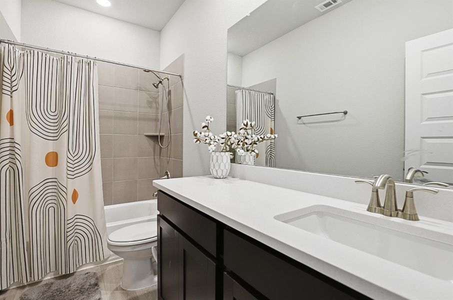 The second full bath offers ample counter and cabinet storage space.