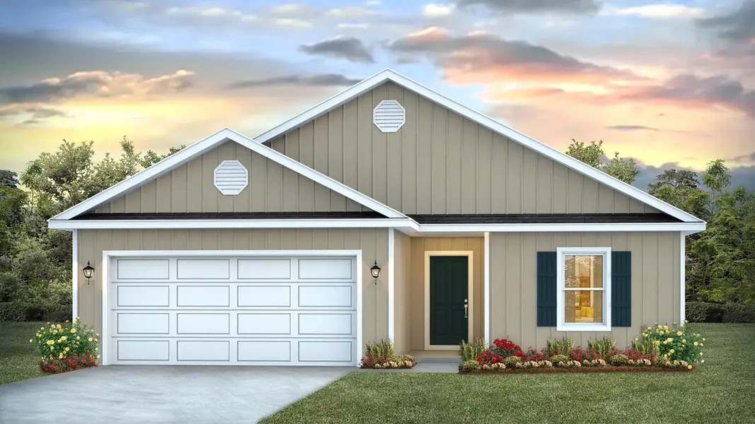 Front exterior of a new home in Magnolia at the Bluffs Phase 3, Freeport, FL, highlighting curb appeal (Image 1). Front exterior of a new home in Magnolia at the Bluffs Phase 3, Freeport, FL, highlighting curb appeal (Image 1).