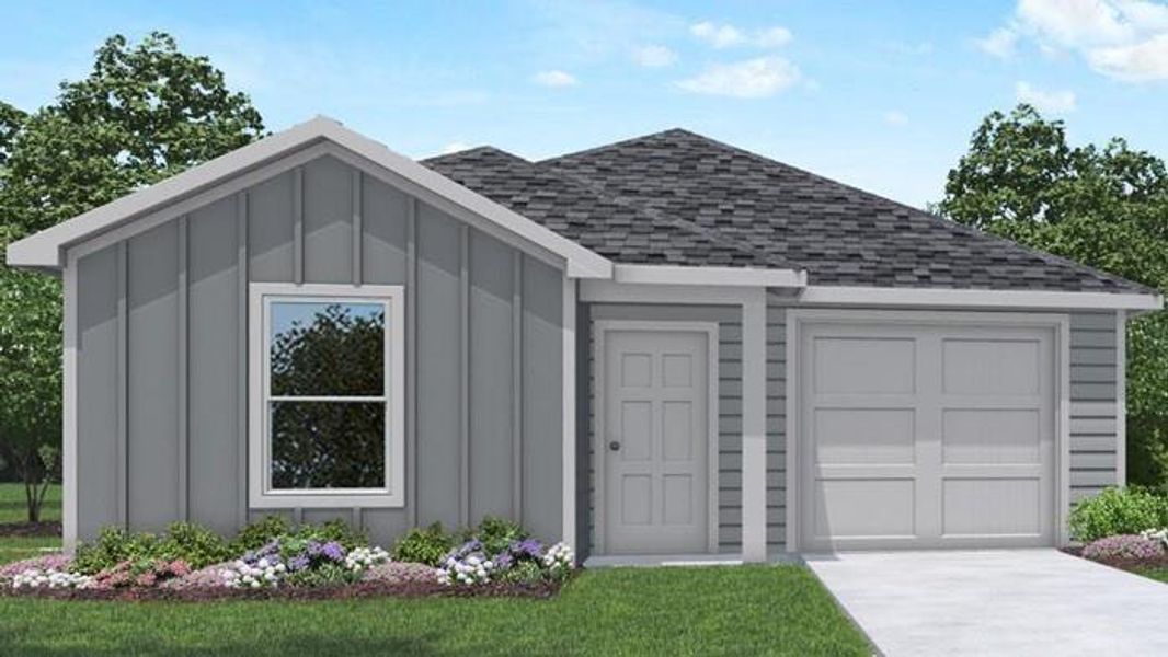 Front exterior of a new home in McCrorey Trails, Conroe, TX, highlighting curb appeal (Image 1).