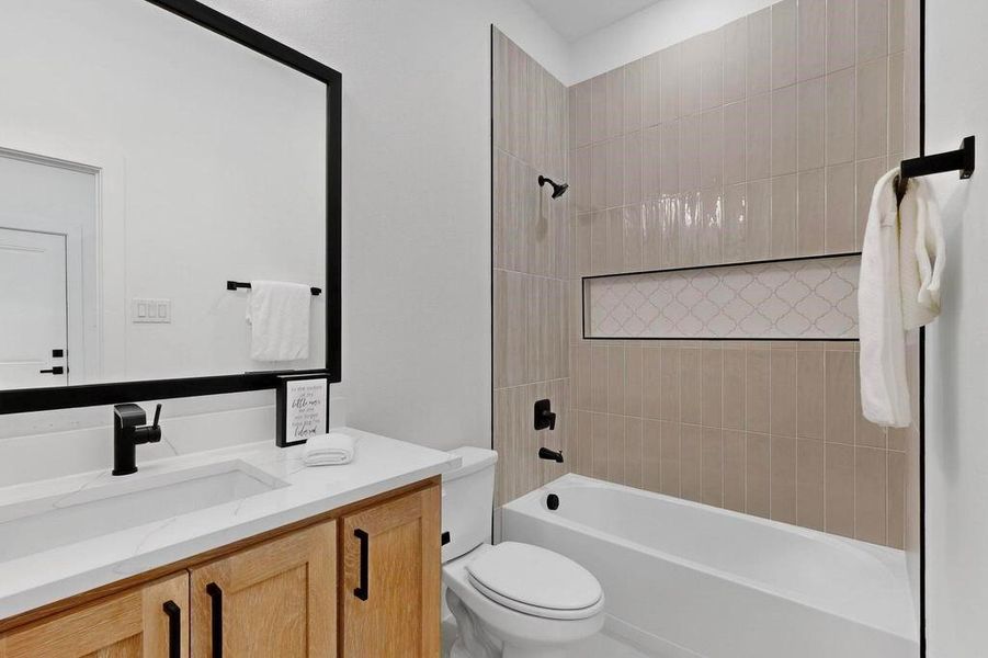 Full bathroom with vanity and shower / bath combination