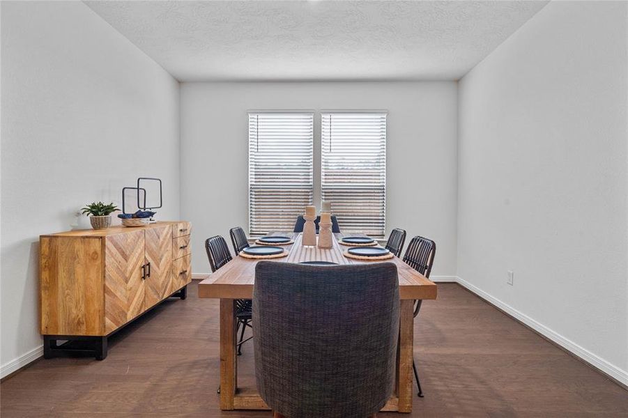 Make memories gathered around the table with your family and friends! This flex space is featured here as a dining room and it features high ceilings, large windows with privacy blinds, and easy access to your kitchen and living room.