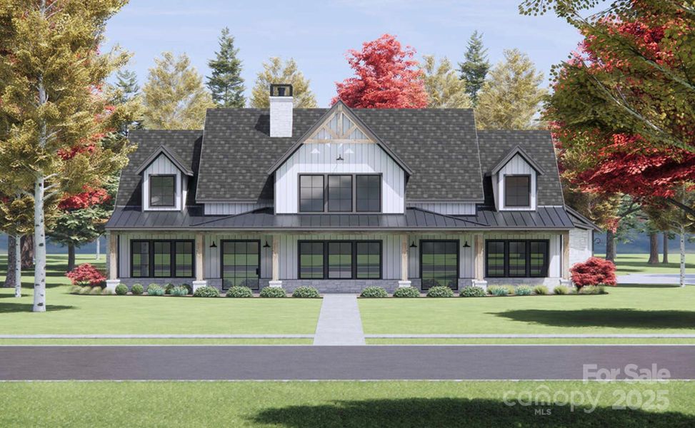 Proposed 2-story modern farmhouse features a symmetrical facade with clean lines and a welcoming, classic aesthetic.