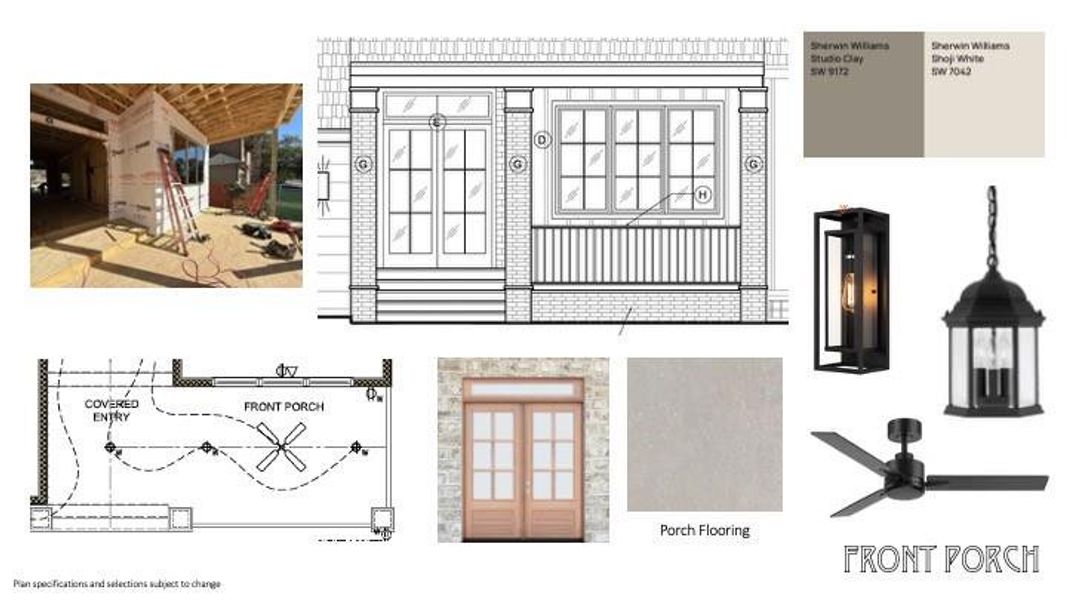 Huge 13’11” x 9’ covered front porch with brick accents, ceiling fan, brick accents and tile floor.
