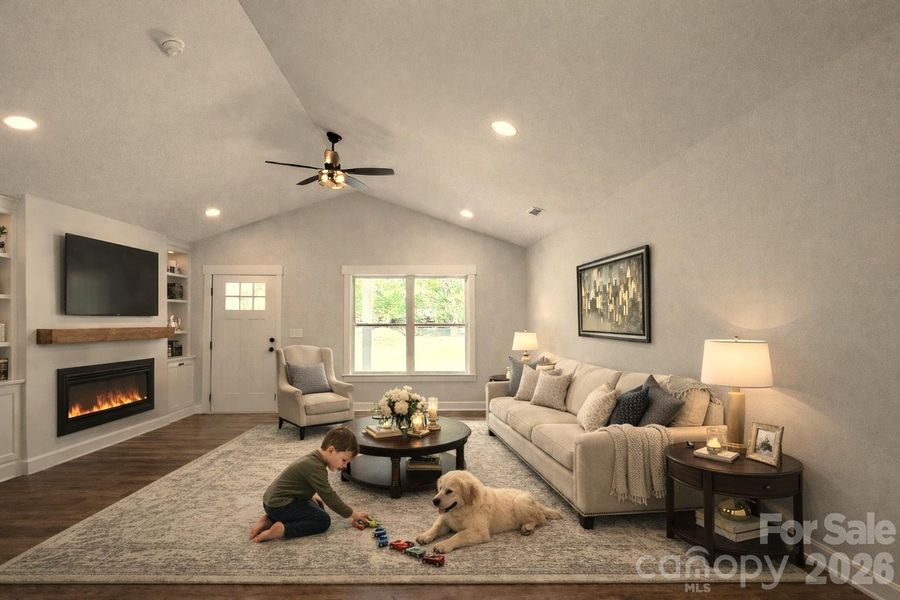 Den has cathedral ceilings with natural light. LVP flooring throughout. (The built ins & mantel & electric fireplace on the one wall is not included. This is to show buyer what they can do on that wall.