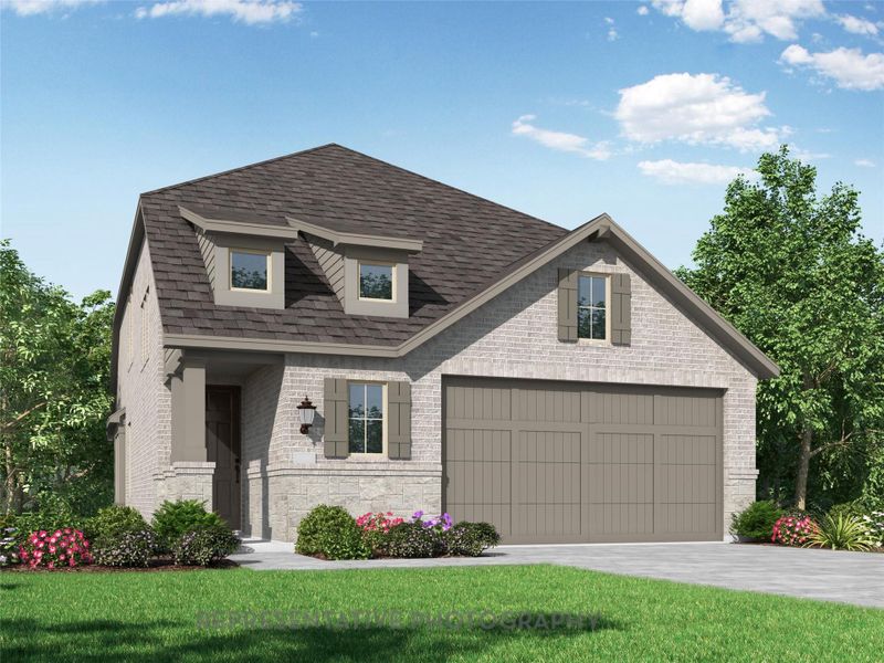 Front exterior of a new home in Meridiana: 40ft. lots, Manvel, TX, highlighting curb appeal (Image 1). Front exterior of a new home in Meridiana: 40ft. lots, Manvel, TX, highlighting curb appeal (Image 1).