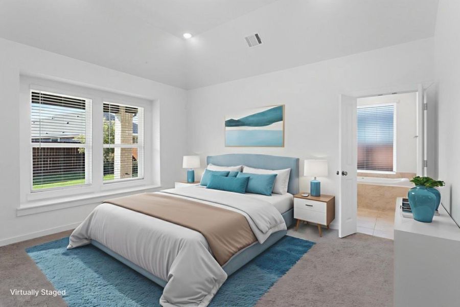 Staged spacious master bedroom with plenty of natural light and peaceful retreat feel with blinds included. Staged spacious master bedroom with plenty of natural light and peaceful retreat feel with blinds included.