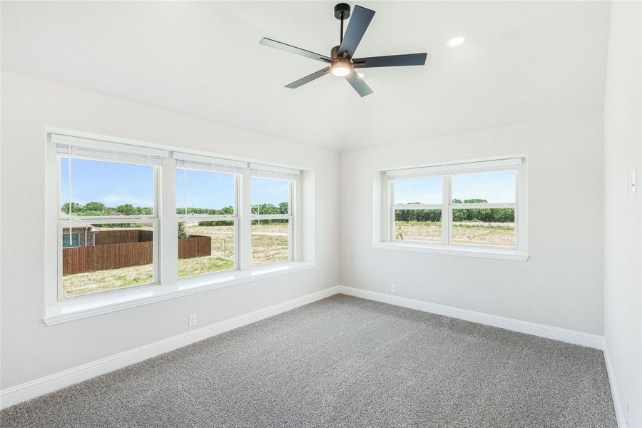 Empty bedroom with gray carpet, ceiling fan, and multiple windows with outdoor views