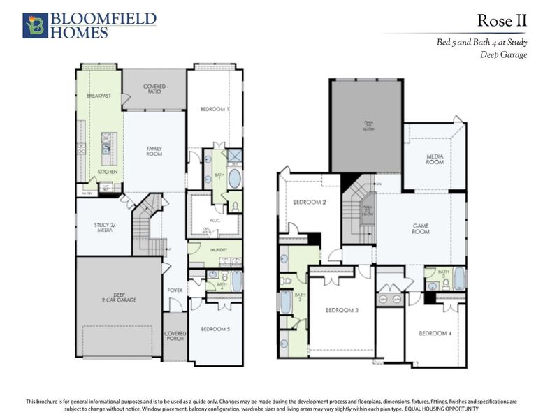 Bloomfield Homes Rose II floor plan showing 5 bedrooms, 4 bathrooms, game room, and deep 2-car garage across two floors. Bloomfield Homes Rose II floor plan showing 5 bedrooms, 4 bathrooms, game room, and deep 2-car garage across two floors.