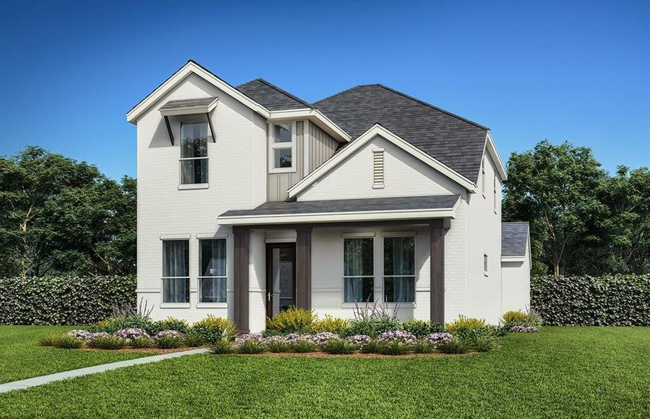 Front exterior of a new home in Duets 41s, Frisco, TX, highlighting curb appeal (Image 1).