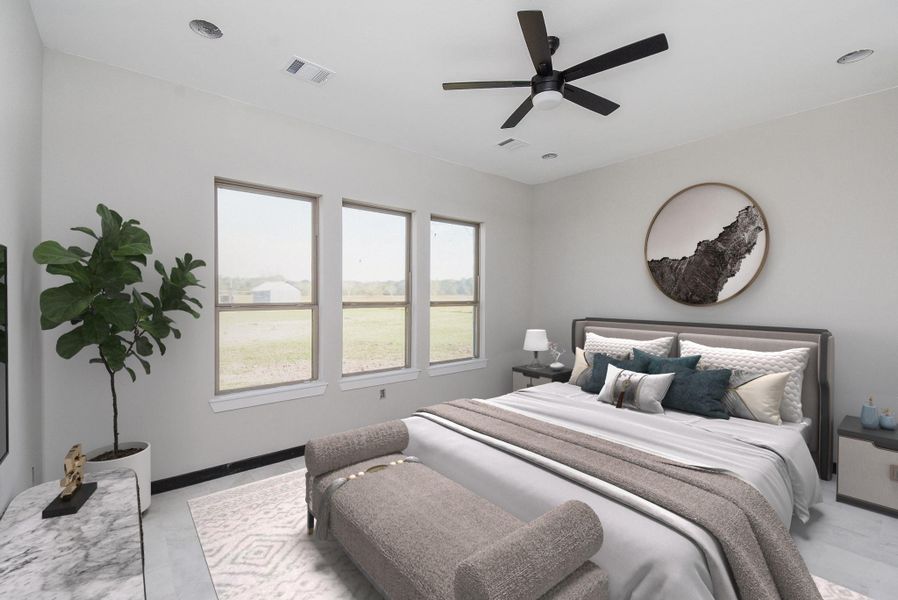 Primary Bedroom has lots of natural lighting with a view to the acreage out back. Virtually Staged Image Primary Bedroom has lots of natural lighting with a view to the acreage out back. Virtually Staged Image