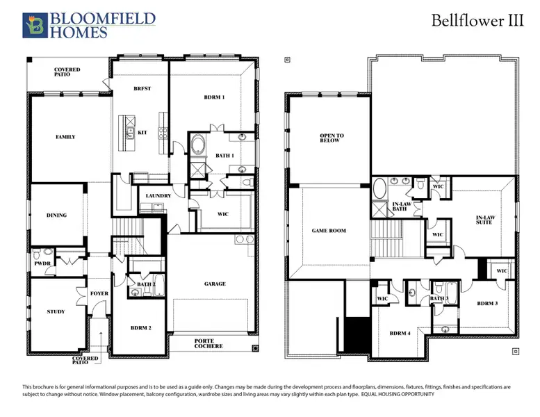 Bloomfield Homes Bellflower III two-story floor plan with four bedrooms, game room, in-law suite, and porte cochere. Bloomfield Homes Bellflower III two-story floor plan with four bedrooms, game room, in-law suite, and porte cochere.
