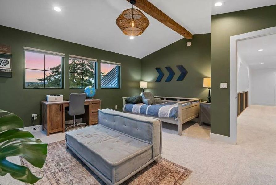 Oversized Bedroom with vaulted ceiling with Decorative Beam