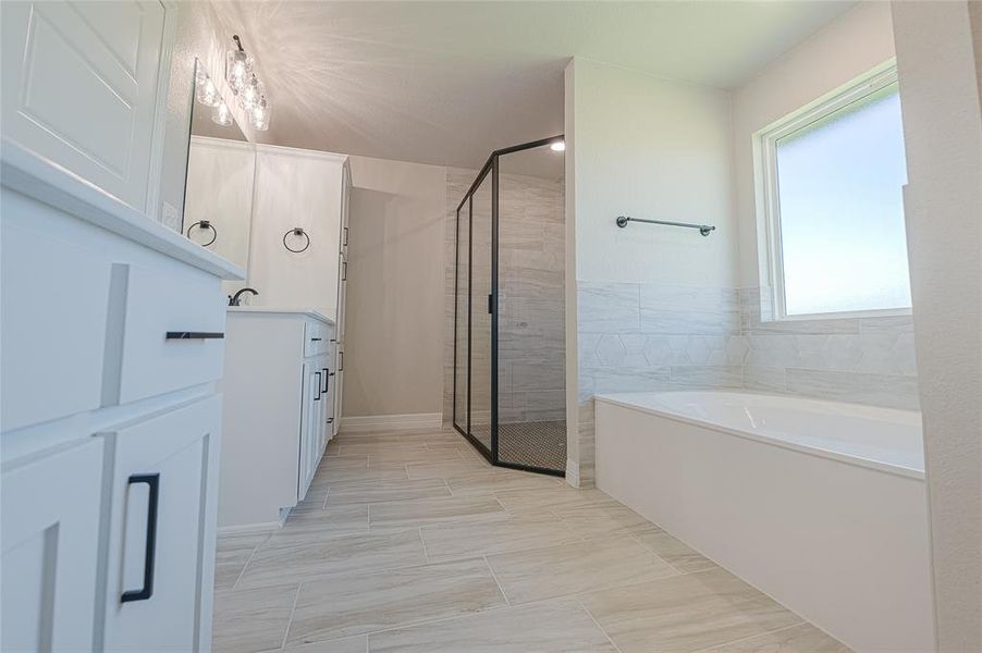 Bathroom with a garden tub, a stall shower, and vanity