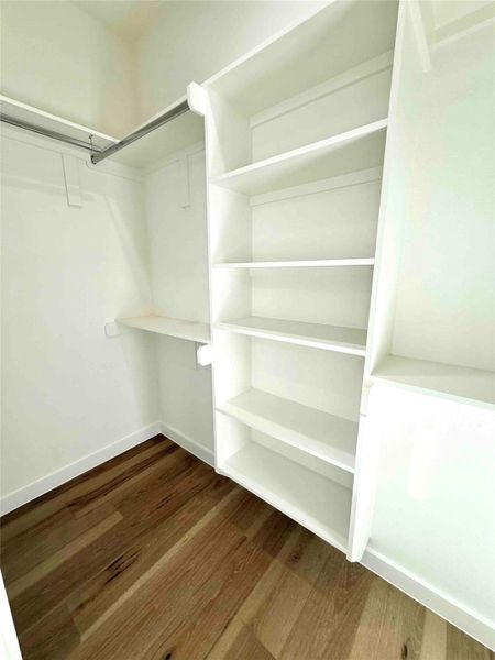 Walk in closet featuring dark wood-style flooring