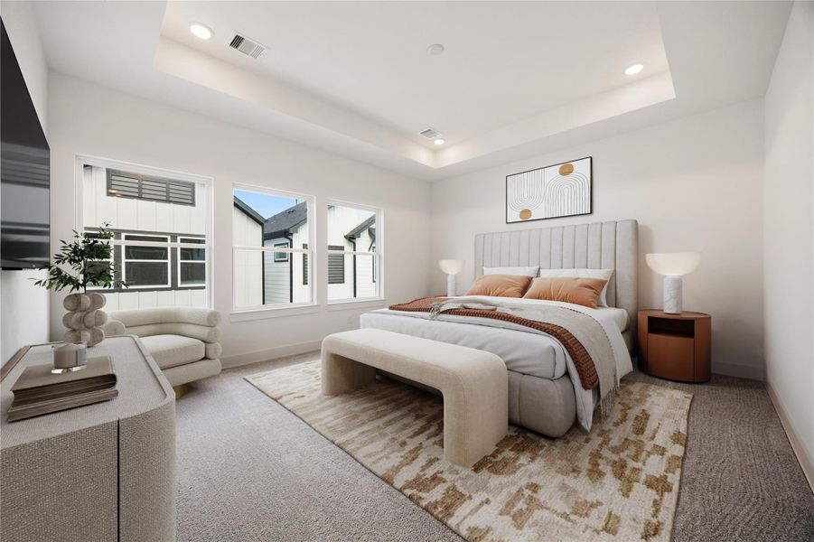 Relax and unwind after a long day in this impressive primary suite! This generously sized room offers plush carpeting, warm-toned paint, high ceilings with recessed lighting, and a wall of large windows allowing in the natural light to brighten this gorgeous room. *Virtually Staged