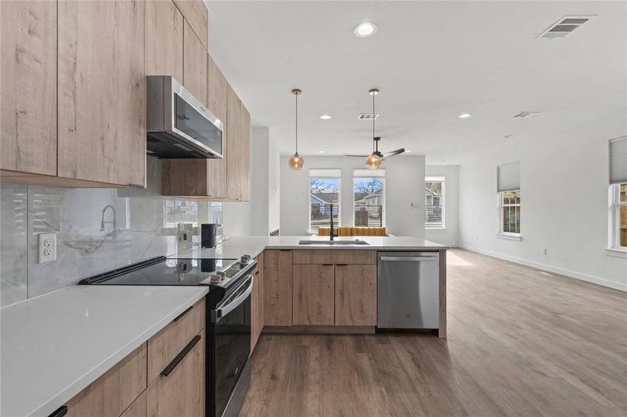 Kitchen featuring kitchen peninsula, ventilation hood, stainless steel appliances, and sink