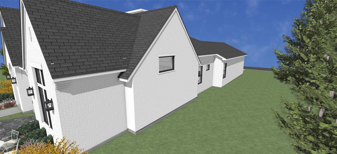 View of side of home featuring a lawn and roof with shingles