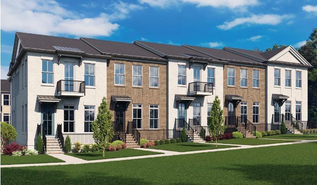 Front exterior of a new home in Ward's Crossing Townhomes, Johns Creek, GA, highlighting curb appeal (Image 1). Front exterior of a new home in Ward's Crossing Townhomes, Johns Creek, GA, highlighting curb appeal (Image 1).