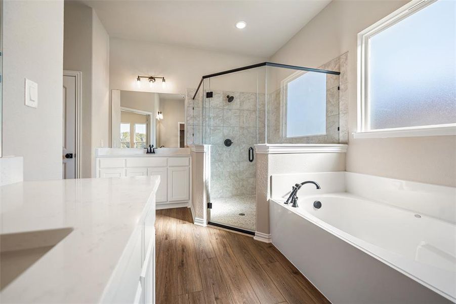 Bathroom with a garden tub, vanity, dark wood finished floors, a shower stall, and recessed lighting