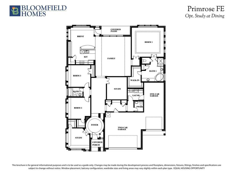 Bloomfield Homes Primrose FE floor plan with three bedrooms, study, family room, and two-car garage layout. Bloomfield Homes Primrose FE floor plan with three bedrooms, study, family room, and two-car garage layout.