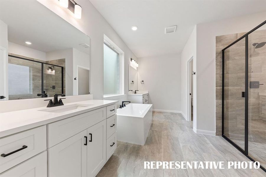 With his and her vanities and ample space for two, you'll love calling this dream bath your own! REPRESENTATIVE PHOTO With his and her vanities and ample space for two, you'll love calling this dream bath your own! REPRESENTATIVE PHOTO