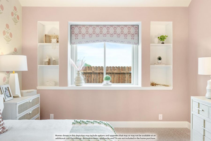 Bedroom with pink walls, built-in shelves flanking a window, and white furniture including dressers on each side. Bedroom with pink walls, built-in shelves flanking a window, and white furniture including dressers on each side.