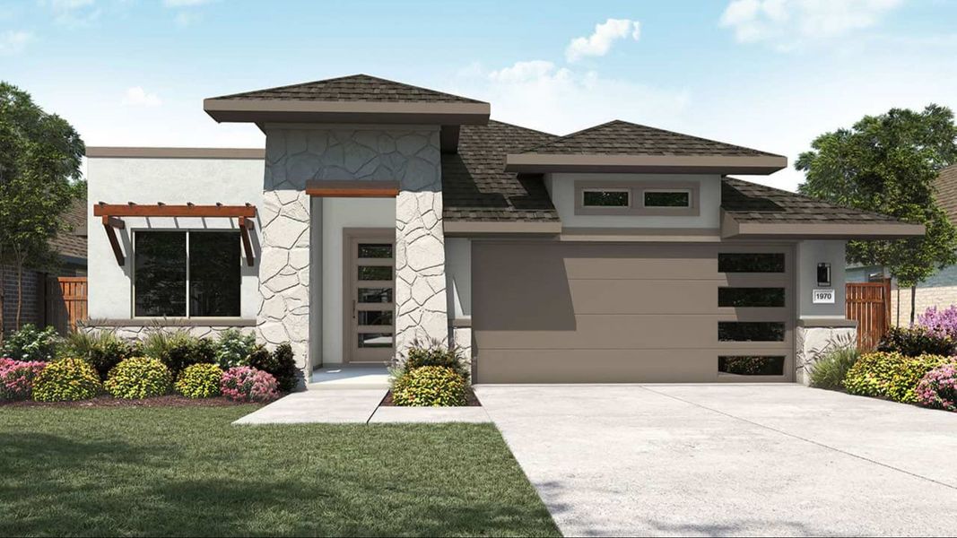 Representative exterior photo of a completed home built from the Palm by DRB Homes in Carillon, Manor, TX (Image 7). Representative exterior photo of a completed home built from the Palm by DRB Homes in Carillon, Manor, TX (Image 7).