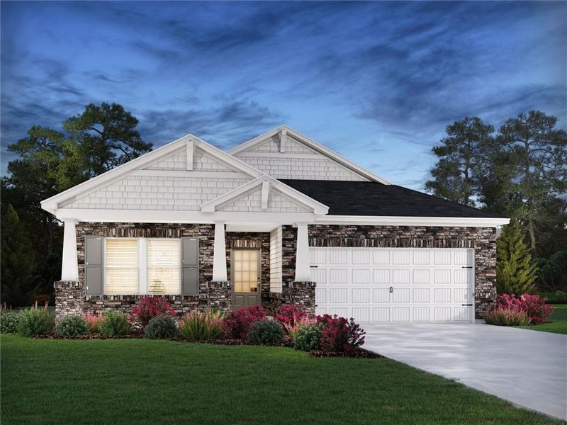 Front exterior of a new home in Preserve at Mountain Creek, Pendergrass, GA, highlighting curb appeal (Image 1).