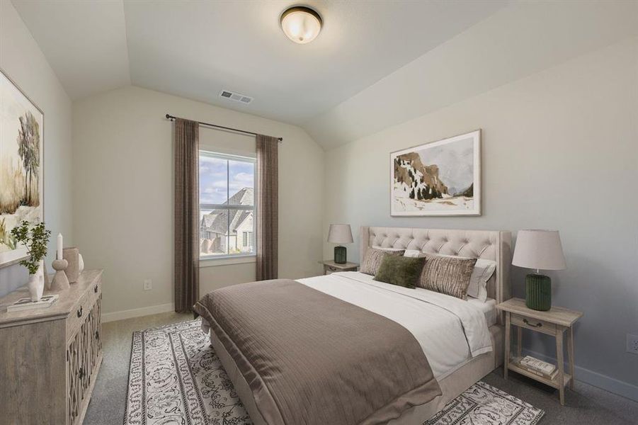 Virtually staged photo - Bedroom with baseboards and light carpet