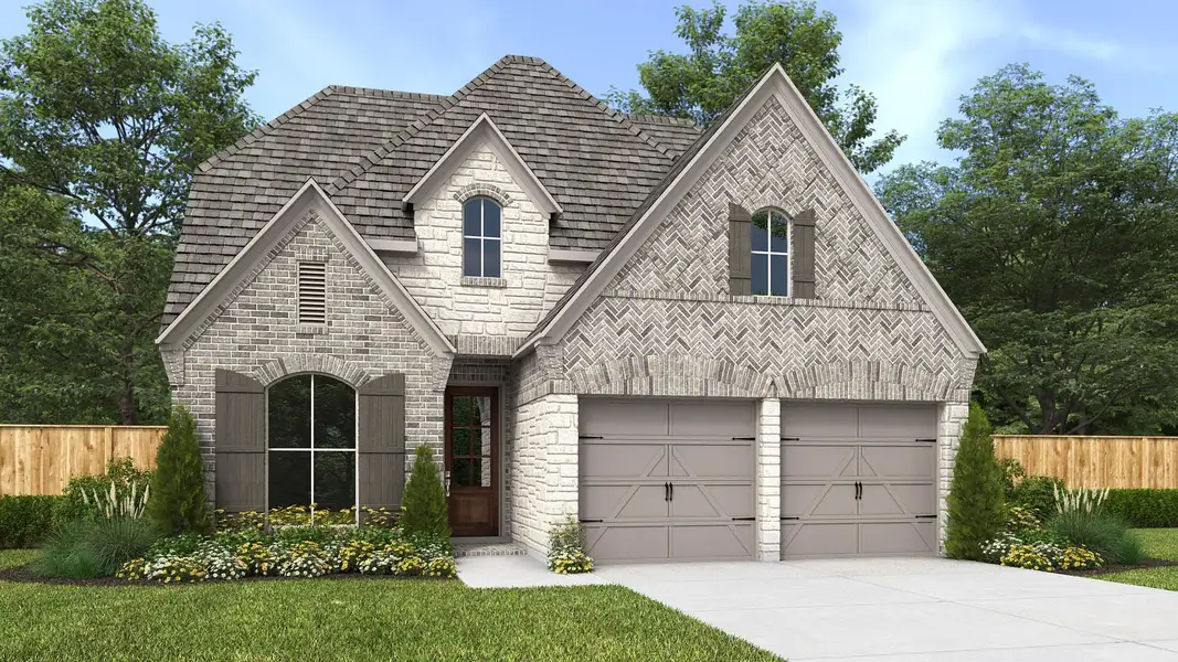 Front exterior of a new home in Harvest Green, Richmond, TX, highlighting curb appeal (Image 1). Front exterior of a new home in Harvest Green, Richmond, TX, highlighting curb appeal (Image 1).