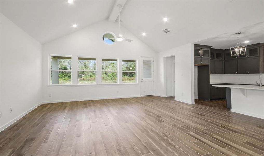 Great room with vaulted ceiling