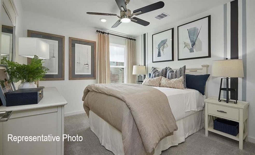 Carpeted bedroom with a ceiling fan, a window with drapery, and a painted accent wall