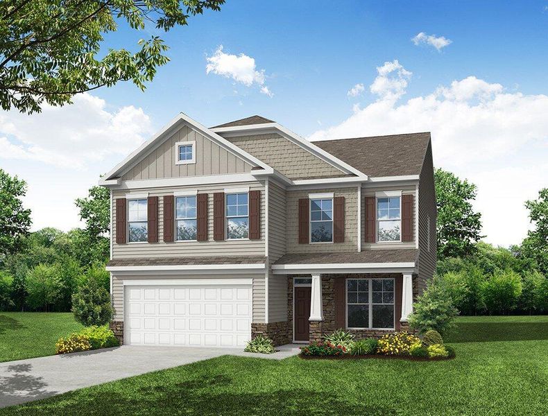 Front exterior of a new home in Twin Lakes, Hoschton, GA, highlighting curb appeal (Image 1). Front exterior of a new home in Twin Lakes, Hoschton, GA, highlighting curb appeal (Image 1).