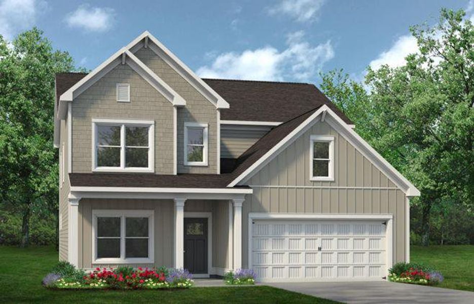 Front exterior of a new home in Sagebrook, Powder Springs, GA, highlighting curb appeal (Image 1). Front exterior of a new home in Sagebrook, Powder Springs, GA, highlighting curb appeal (Image 1).