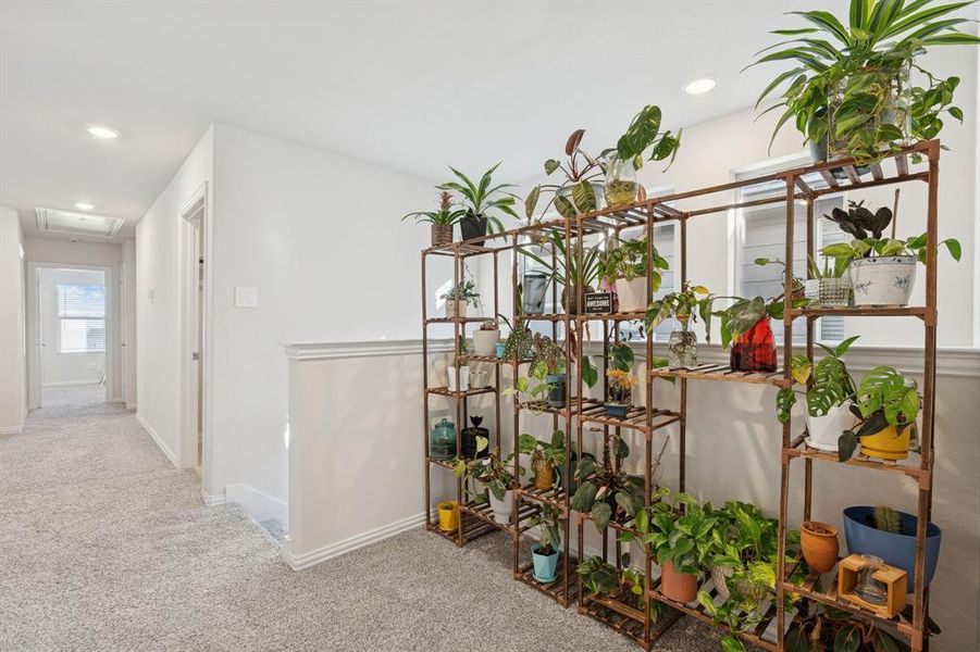 Hallway with light colored carpet and recessed lighting