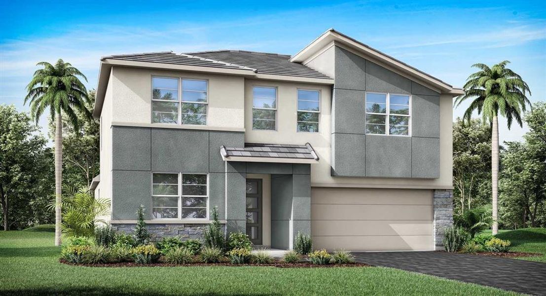 Front exterior of a new home in Meridian Parks, Orlando, FL, highlighting curb appeal (Image 1).