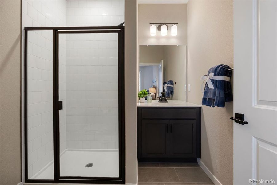 En suite bathroom to the lower level bedroom with a single vanity modern lights and a glass-faced shower.