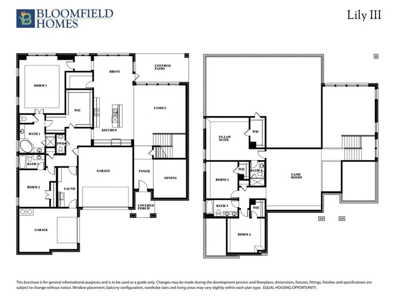 Bloomfield Homes Lily III two-story floor plan with four bedrooms, game room, in-law suite, and two-car garage.