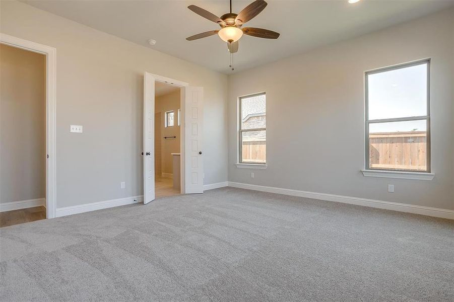 Carpeted empty room with ceiling fan and a wealth of natural light