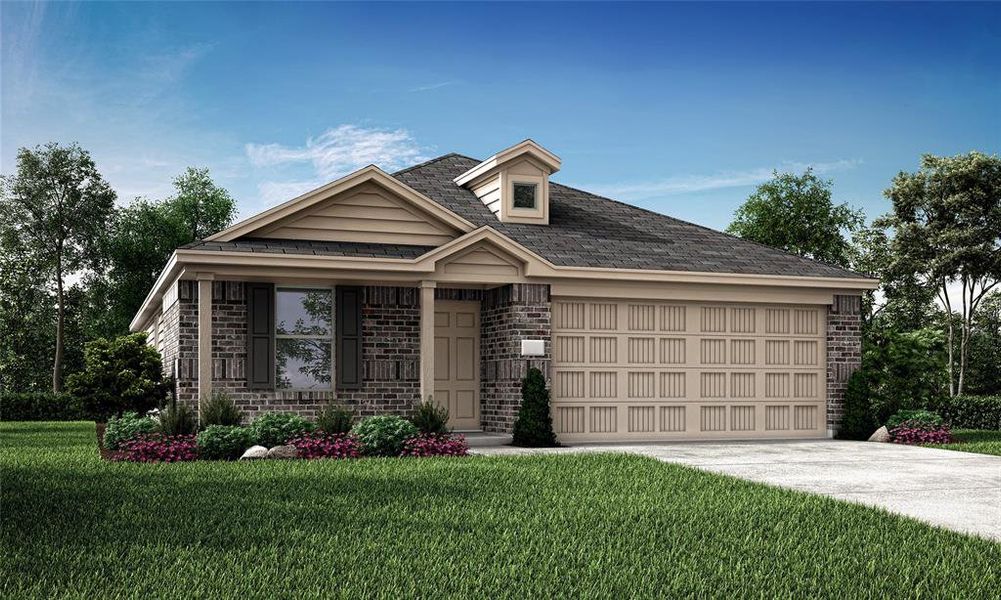 View of front of house with a garage and a front lawn