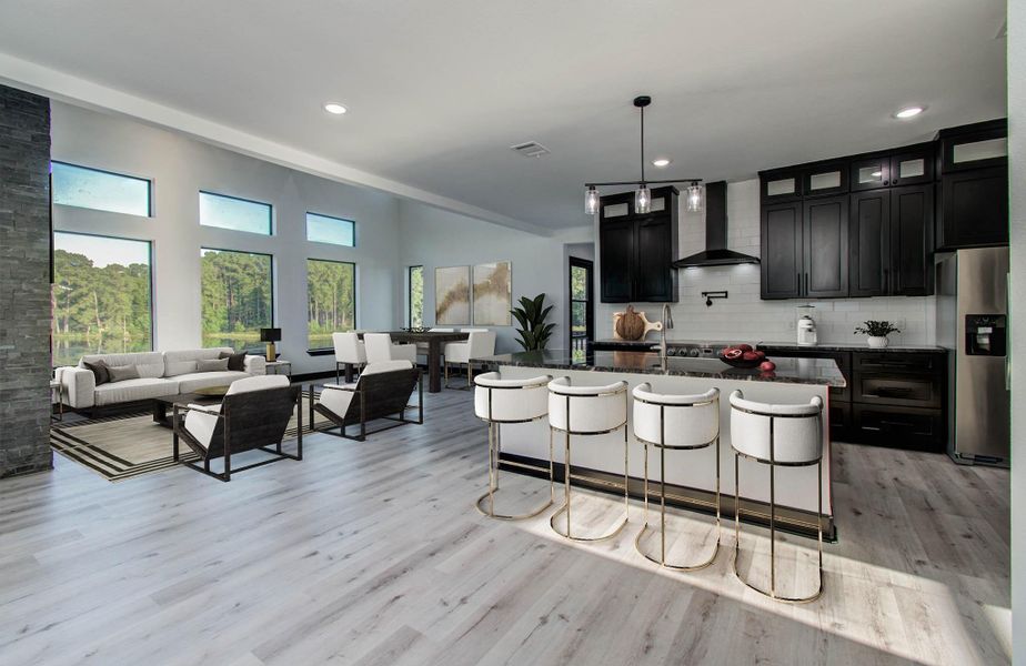 Virtually staged kitchen, living and dining room