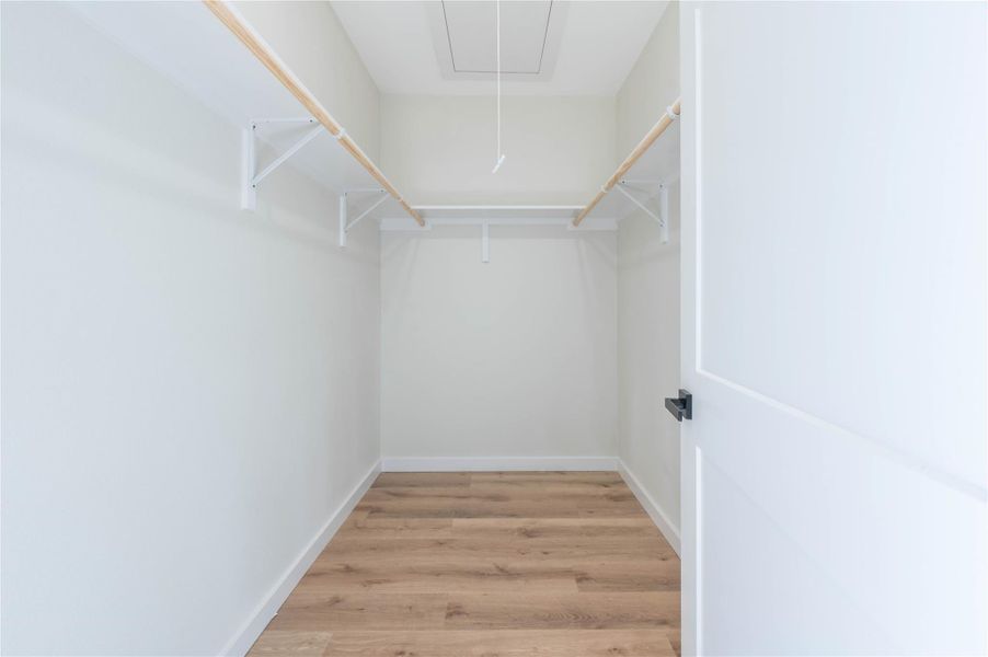 Spacious closet featuring light wood-type flooring and attic access