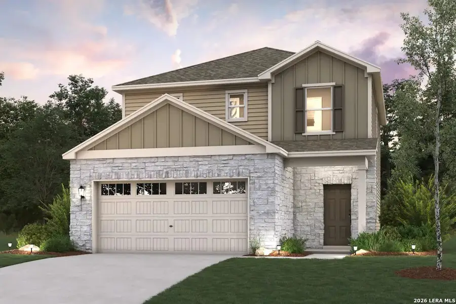 Front exterior of a new home in Senna, Leon Valley, TX, highlighting curb appeal (Image 1). Front exterior of a new home in Senna, Leon Valley, TX, highlighting curb appeal (Image 1).