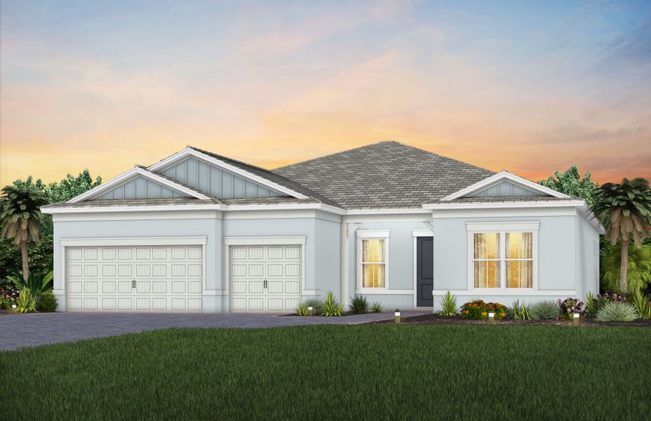 Front exterior of a new home in Del Webb Oak Creek, North Fort Myers, FL, highlighting curb appeal (Image 25).