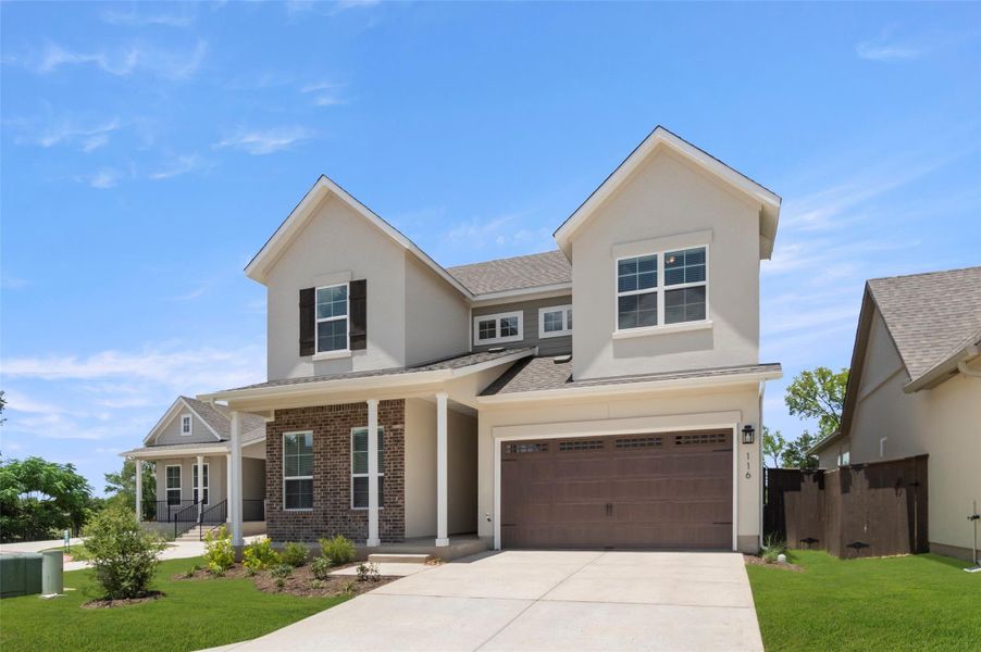 View of front of home with an attached garage, covered porch, roof with shingles, concrete driveway, and brick siding View of front of home with an attached garage, covered porch, roof with shingles, concrete driveway, and brick siding
